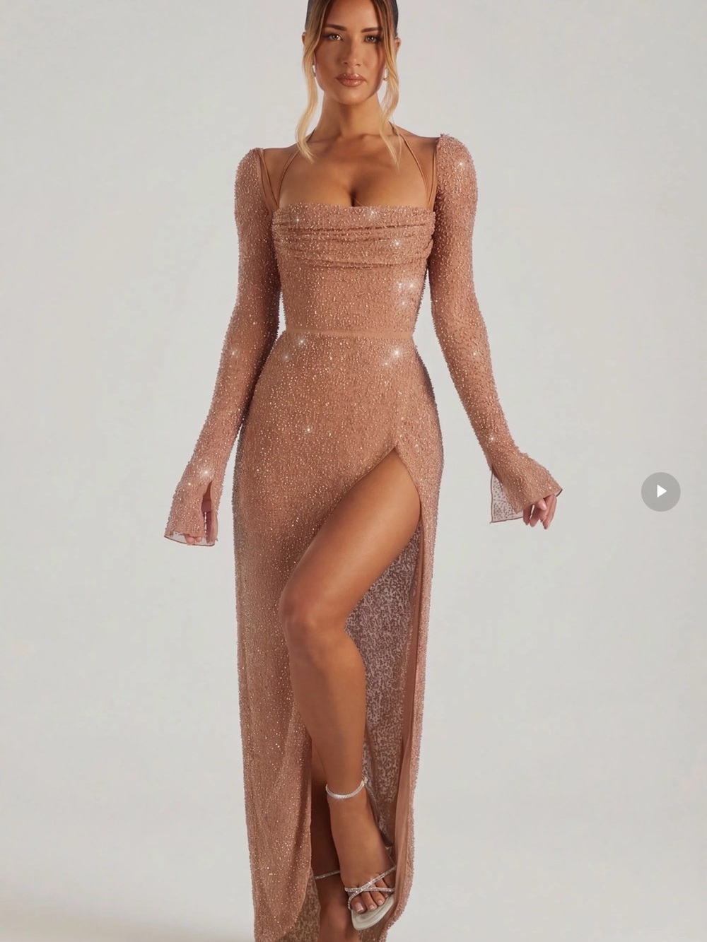 Oh Polly Champel Embellished Cowl Neck Maxi Dress in Latte